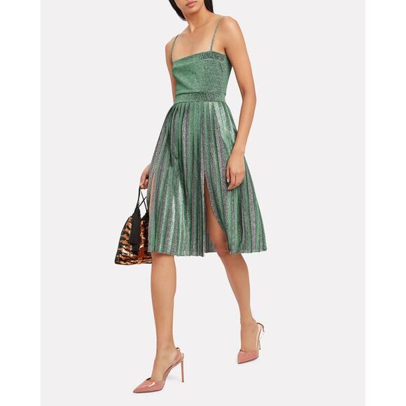 Misha Janelle Green Pleated Metallic Square Neck Sleeveless Midi Dress Size 6 - Picture 1 of 16